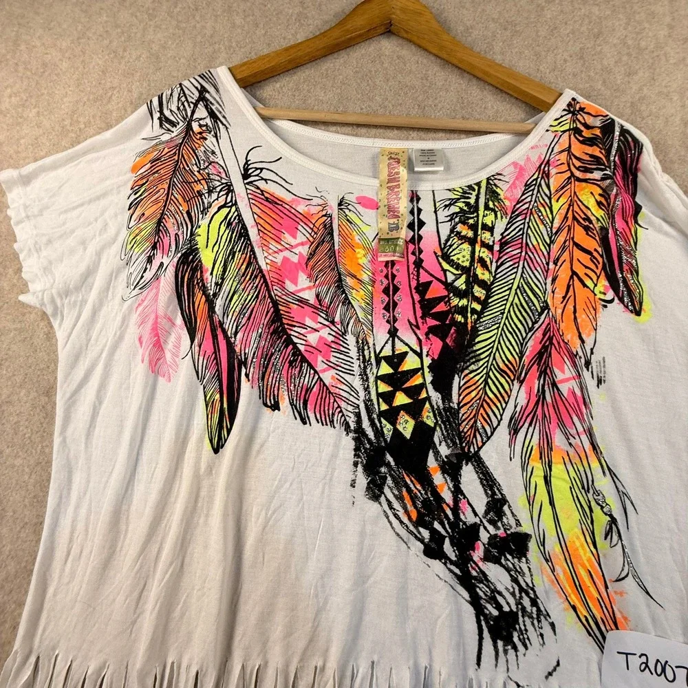Fresh Brewed Womens White Neon Feather Graphic Fringe T-Shirt Size M NTW Y2K - Picture 4 of 8